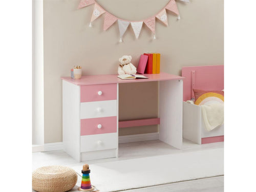 Bureau Nidchicshop pour enfant ou adulte multi rangements avec 4 tiroirs en pin massif lasuré blanc et rose 84284UGQK