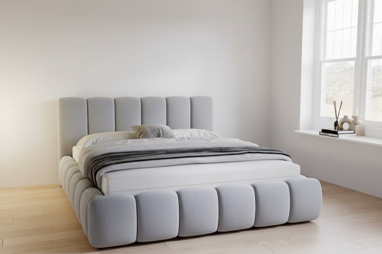 Lit rembourré avec rangement - 160x200 - lit double - velours - gris clair - Cloud 00716LGJU