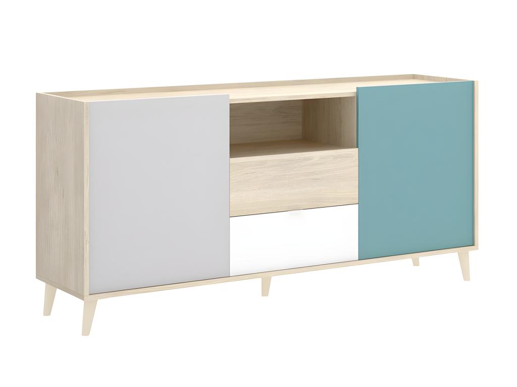 Buffet meuble de rangement coloris naturel et émeraude - Longueur 155 x Hauteur 75 x Profondeur 43 cm 99886NOKZ