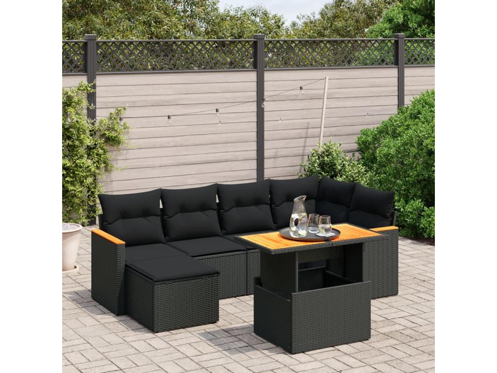 Salon de jardin 7 pcs avec coussins noir résine tressée 15437AAKA